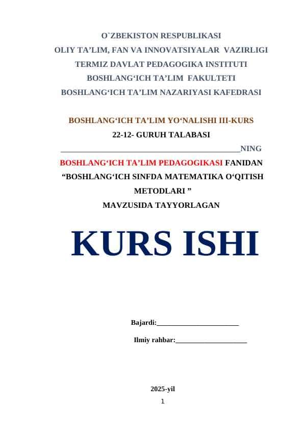 BOSHLANG‘ICH SINFDA MATEMATIKA O‘QITISH METODLARI