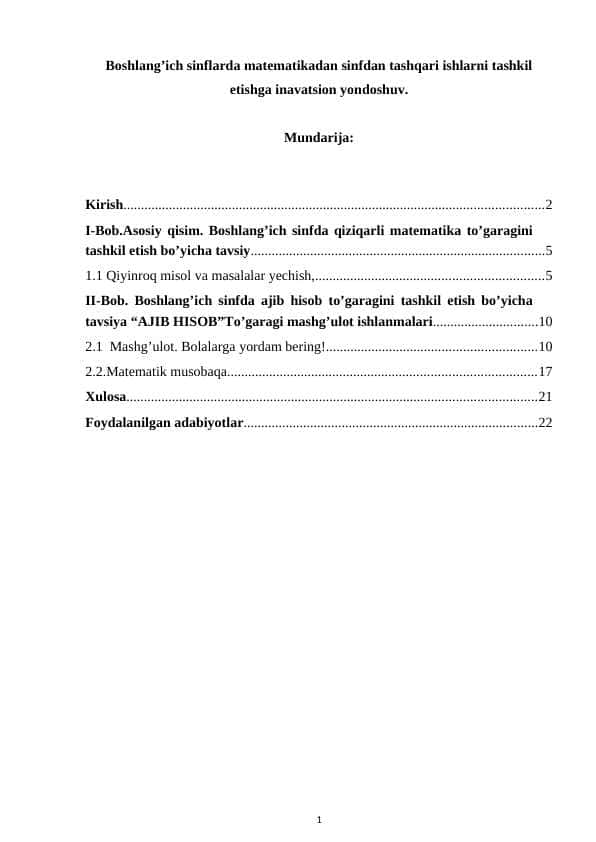 Boshlang’ich sinflarda matematikadan sinfdan tashqari ishlarni tashkil etishga inavatsion yondoshuv