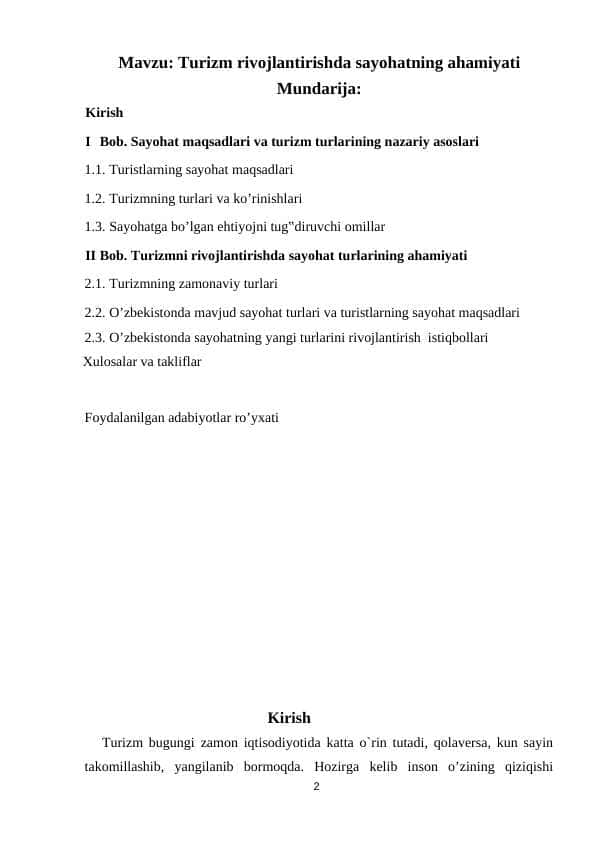 Turizm rivojlantirishda sayohatning ahamiyati