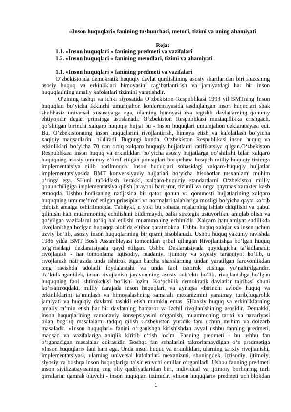 «Inson huquqlari» fanining tushunchasi, metodi, tizimi va uning ahamiyati
