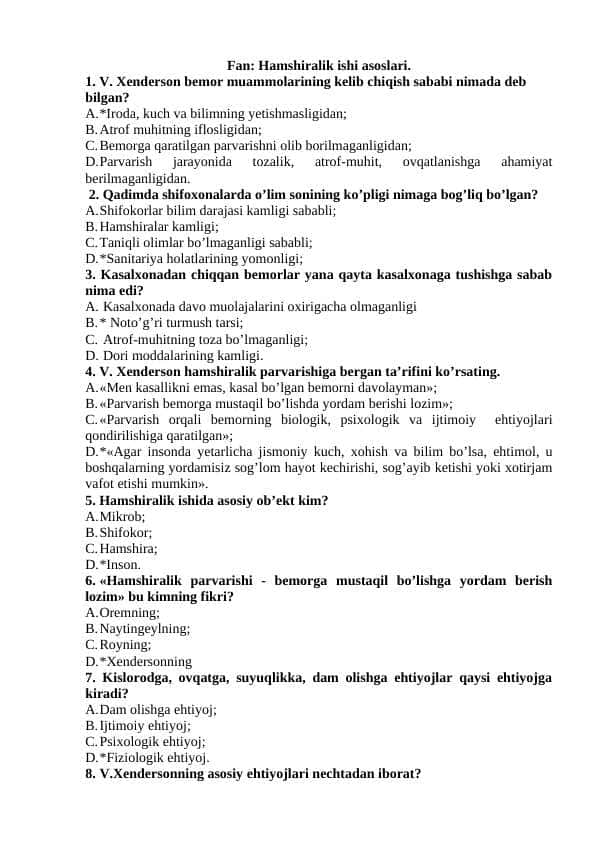 Hamshiralik ishi asoslari testi javoblari bilan