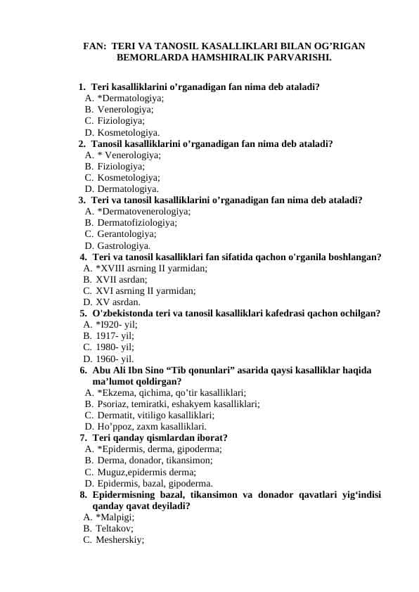 TERI VA TANOSIL KASALLIKLARI BILAN OG’RIGAN BEMORLARDA HAMSHIRALIK PARVARISHI test javoblari bilan