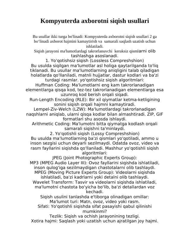 Kompyuterda axborotni siqish usullari