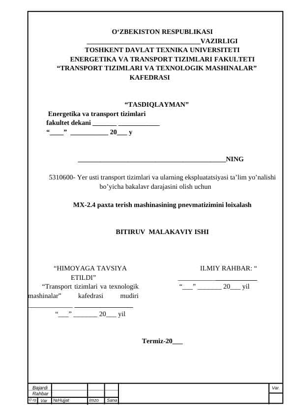 MX-2.4 paxta terish mashinasining pnevmatizimini loixalash