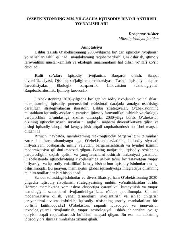 Oʻzbekistonning 2030-yilgacha iqtisodiy rivojlantirish yoʻnalishlari mavzusida tezis