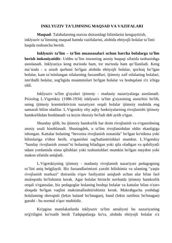 INKLYUZIV TA’LIMNING MAQSAD VA VAZIFALARI