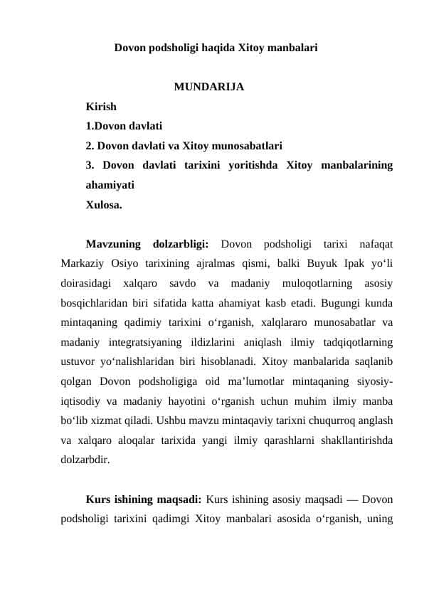 Dovon podsholigi haqida Xitoy manbalari