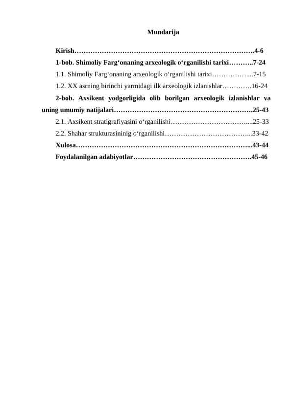 Axsikent yodgorligining arxeologik kurs ishi