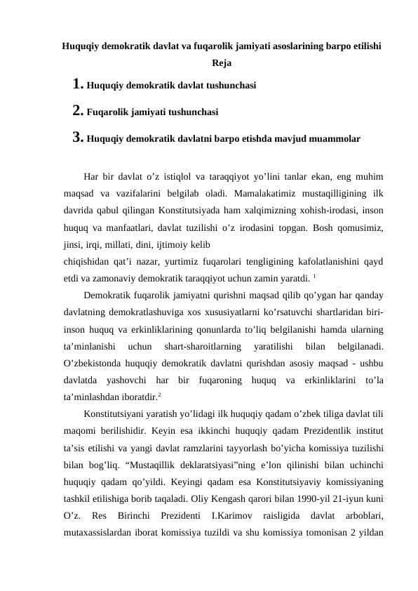 Huquqiy demokratik davlat va fuqarolik jamiyati asoslarining barpo etilishi