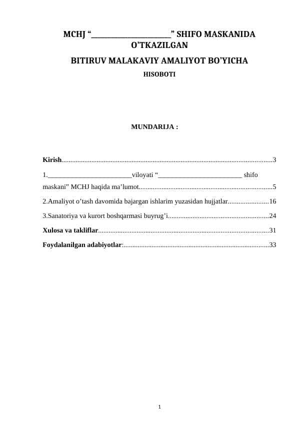 Shifo maskanida tibbiyot talabalari uchun amaliyot bo`yicha hisobot