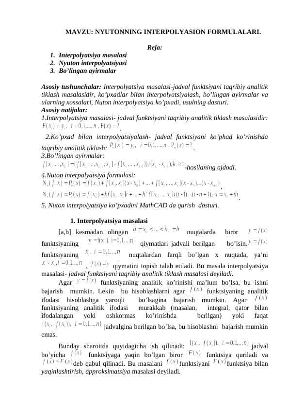 NYUTONNING INTERPOLYASION FORMULALARI