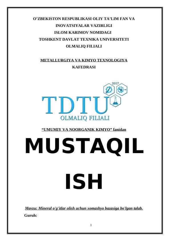 Mineral o'g'itlar olish uchun xomashyo bazasiga bo'lgan talab.