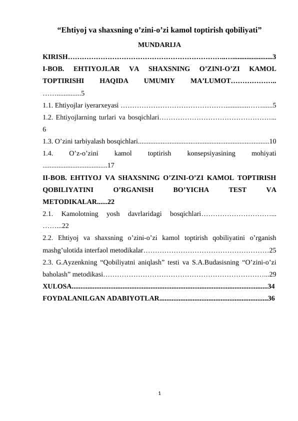 Ehtiyoj va shaxsning o’zini-o’zi kamol toptirish qobiliyati