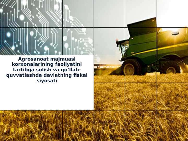 Agrosanoat majmuasi korxonalarining faoliyatini tartibga solish va qo’llab-quvvatlashda davlatning fiskal siyosati