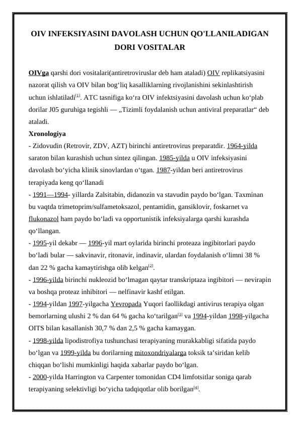 OIV INFEKSIYASINI DAVOLASH UCHUN QO'LLANILADIGAN DORI VOSITALAR
