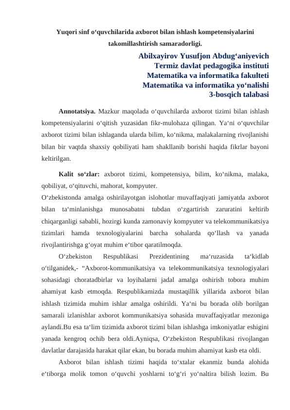 Yuqori sinf oʻquvchilarida axborot bilan ishlash kompetensiyalarini takomillashtirish samaradorligi.