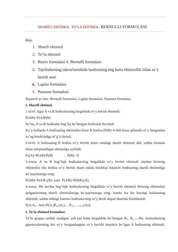 SHARTLI EHTIMOL. TO’LA EHTIMOL. BЕRNULLI FORMULASI.