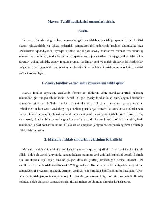 Tahlil natijalarini umumlashtirish.