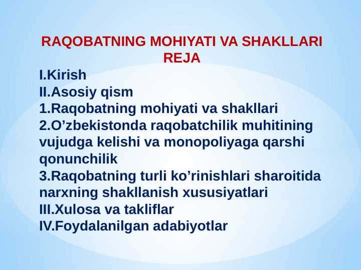 RAQOBATNING MOHIYATI VA SHAKLLARI