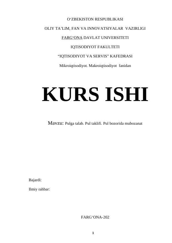 Pulga talab. Pul taklifi. Pul bozorida mubozanat