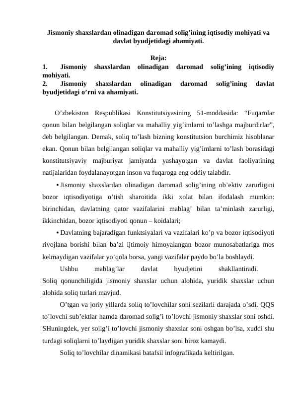 Jismoniy shaxslardan olinadigan daromad solig’ining iqtisodiy mohiyati va davlat byudjetidagi ahamiyati.