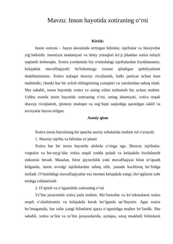 Inson hayotida xotiraning o‘rni