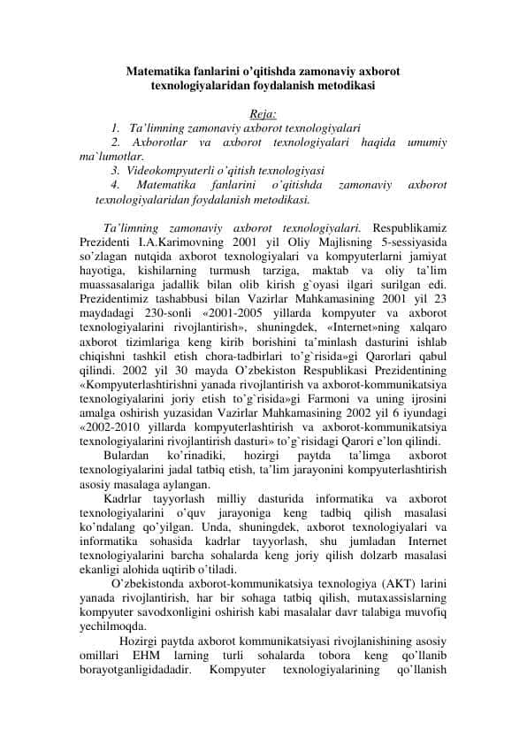 Matematika fanlarini o’qitishda zamonaviy axborot texnologiyalaridan foydalanish metodikasi