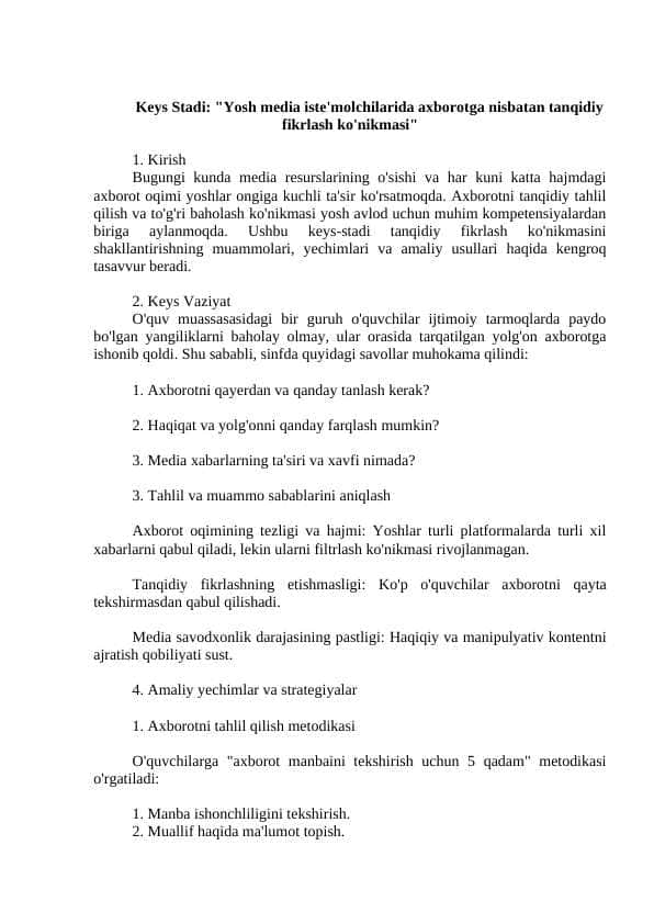 "Yosh media iste'molchilarida axborotga nisbatan tanqidiy fikrlash ko'nikmasi"