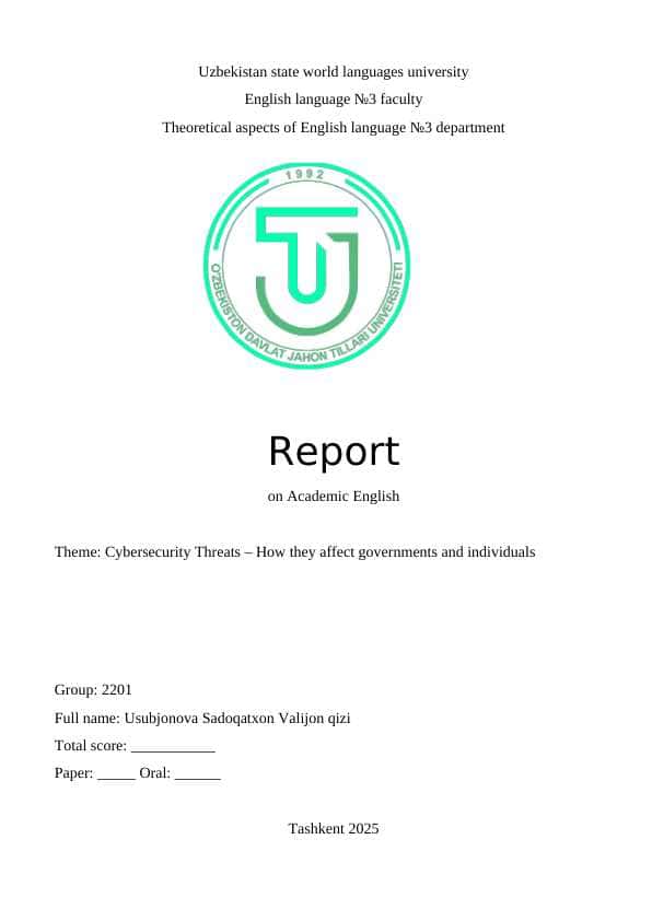 academic english final report / akademik chet tili yakuniy / Cybersecurity Threats – How they affect governments and individuals
