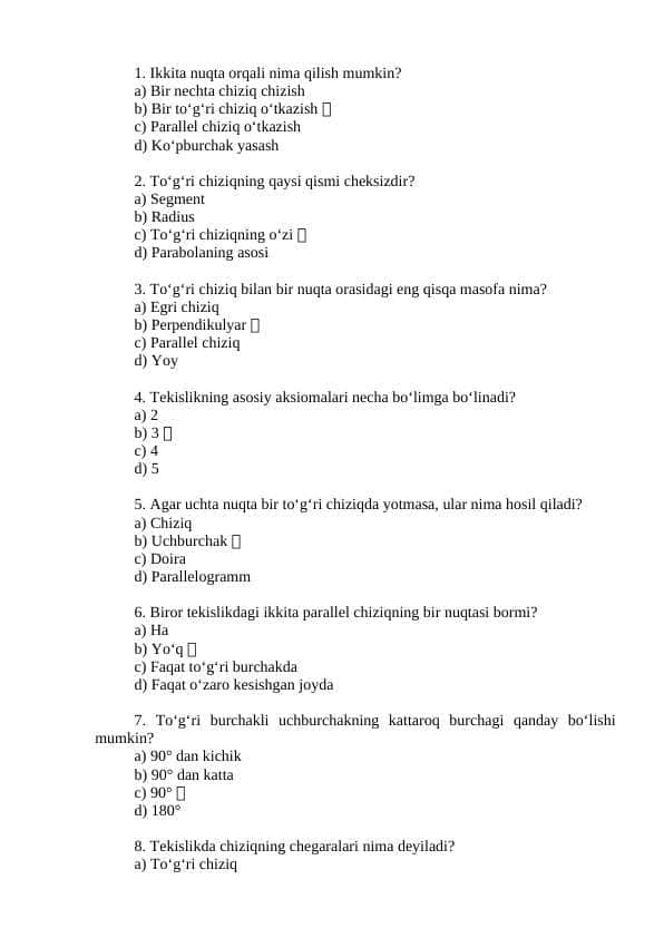 MATEMATIKA ,ALGEBRA,GEOMETRIYAGA OID 30 TA TEST SAVOL VA JAVOBLARI