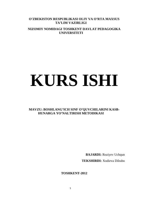 BOSHLANG’ICH SINF O’QUVCHILARINI KASB- HUNARGA YO’NALTIRISH METODIKASI