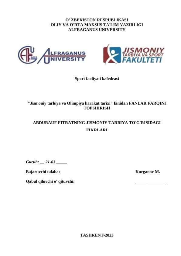 ABDURAUF FITRATNING JISMONIY TARBIYA TO'G'RISIDAGI FIKRLARI