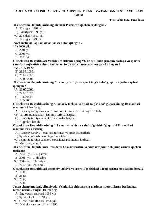 Jismoniy tarbiya fanidan test savollari