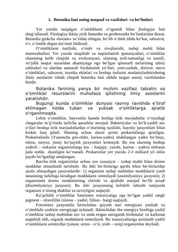 Botanika fani uning maqsad va vazifalari