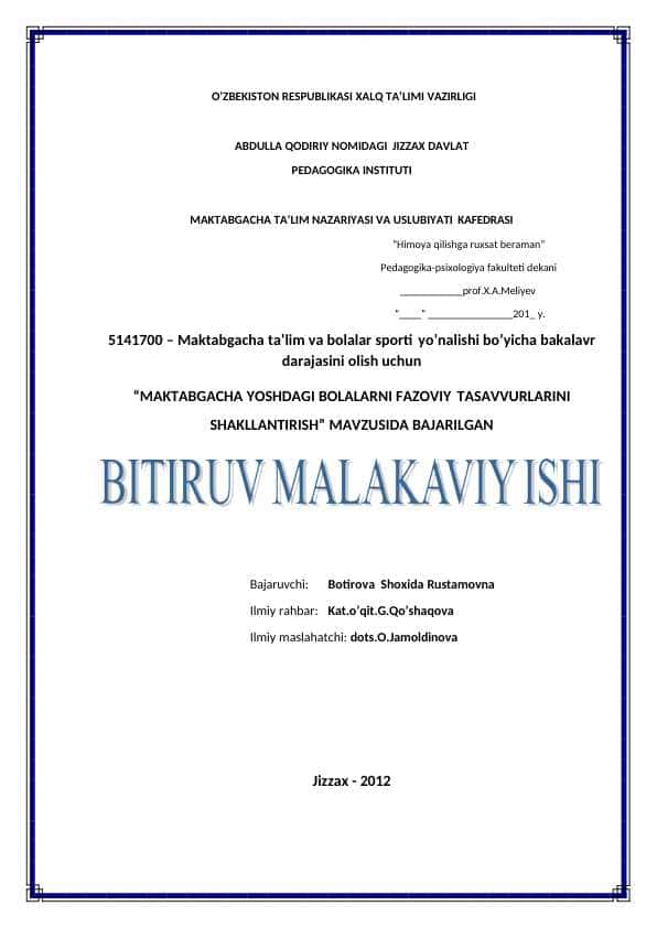 MAKTABGACHA YOSHDAGI BOLALARNI FAZOVIY TASAVVURLARINI SHAKLLANTIRISH