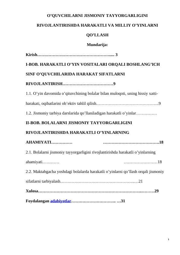O’QUVCHILARNI JISMONIY TAYYORGARLIGINI RIVOJLANTIRISHDA HARAKATLI VA MILLIY O’YINLARNI QO’LLASH