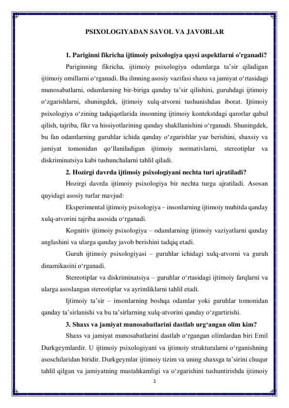 Psixologiyadan savol va javoblar