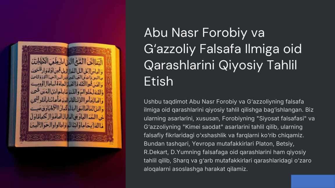 Abu Nasr Forobiy va G‘azzoliyning falsafa ilmiga oid qarashlarini qiyosiy tahlil etish (Farobiyning Siyosat falsafasi va G‘azzoliyning Kimei saodat asarlari asosida); Yevropa mutafakkirlari Platon, Betsiy, R.Dekart, D.Yumning falsafga oid qarashlarini qiyosiy taxlili etish va fikrlarga izox berish, Sharq va g‘arb mutafakkirlari qarashlaridagi farq va o‘zaro aloqalarni asoslash