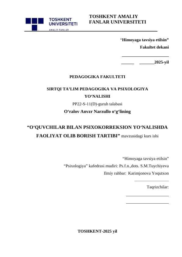 O‘quvchilar bilan psixokorreksion yo‘nalishda faoliyat olib borish