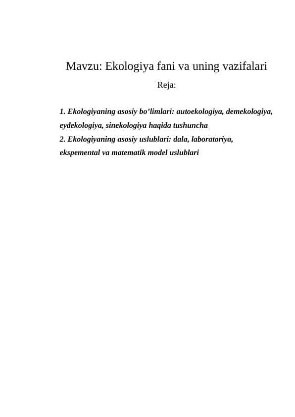 Ekologiya fani va uning vazifalari