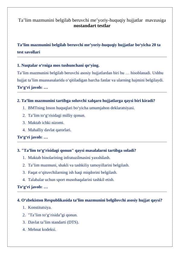 Ta’lim mazmunini belgilab beruvchi me’yoriy-huquqiy hujjatlar mavzusiga nostandart testlar
