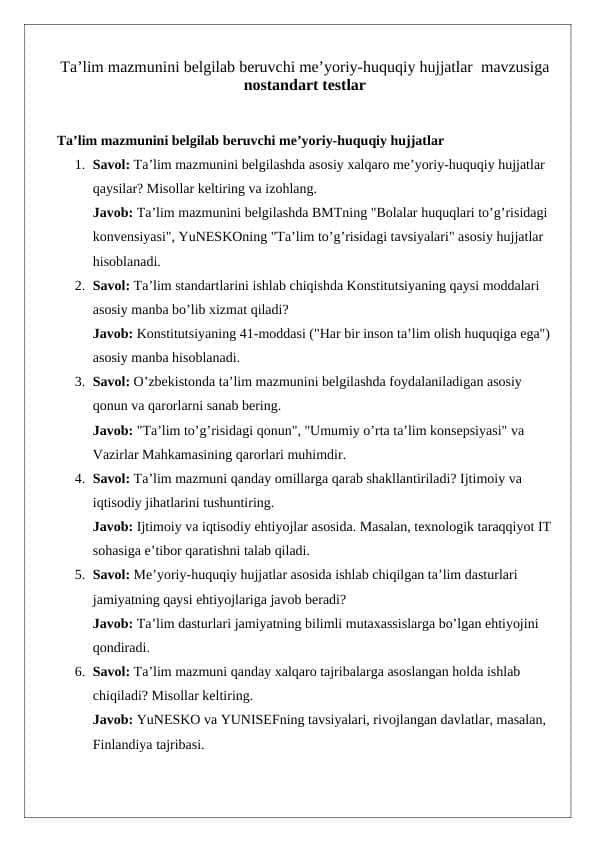 Ta’lim mazmunini belgilab beruvchi me’yoriy-huquqiy hujjatlar mavzusiga nostandart testlar