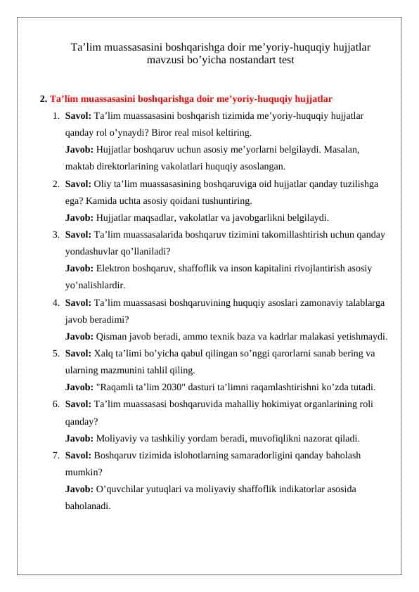 Ta’lim muassasasini boshqarishga doir me’yoriy-huquqiy hujjatlar mavzusi bo’yicha nostandart test