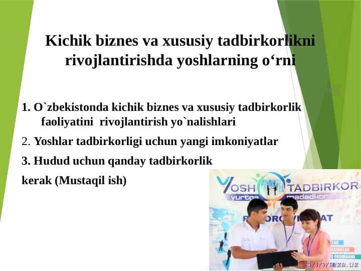 Kichik biznes va xususiy tadbirkorlikni rivojlantirishda yoshlarning o‘rni
