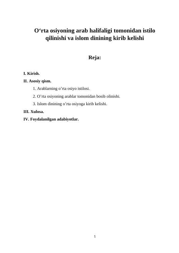 O‘rta osiyoning arab halifaligi tomonidan istilo qilinishi va islom dinining kirib kelishi