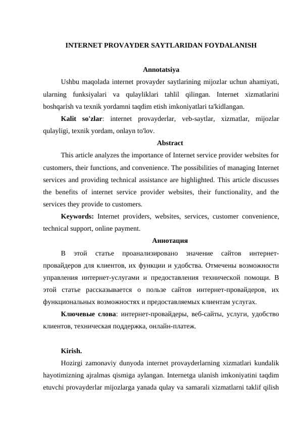 INTERNET PROVAYDER SAYTLARIDAN FOYDALANISH