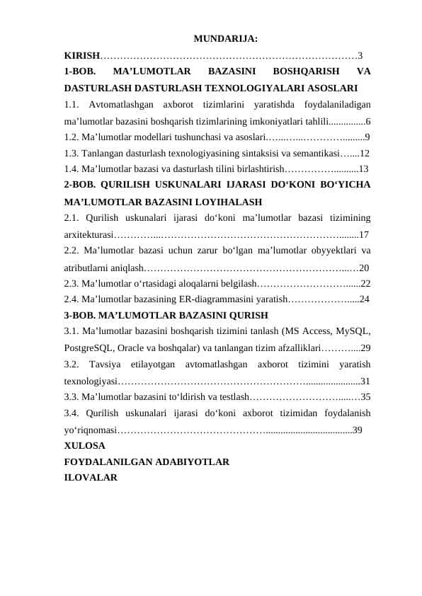 MA’LUMOTLAR BAZASINI BOSHQARISH VA DASTURLASH DASTURLASH TEXNOLOGIYALARI ASOSLARI