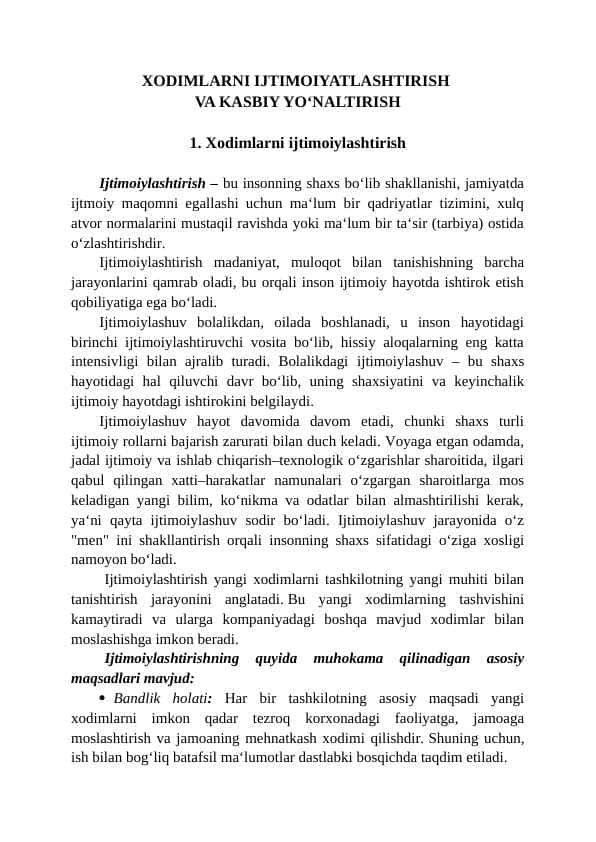 XODIMLARNI IJTIMOIYATLASHTIRISH VA KASBIY YOʻNALTIRISH