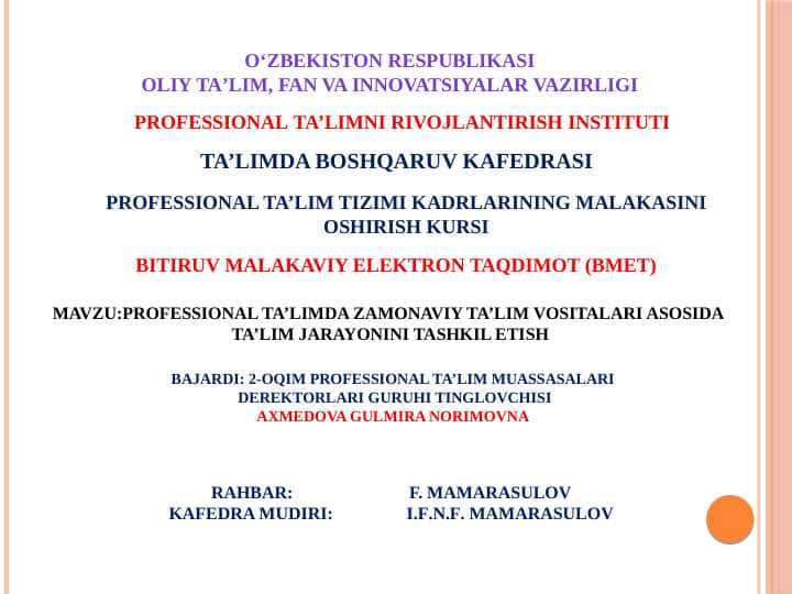 Maktabgacha talimda zamonaviy talim texnalogiyalari KURS ISHI