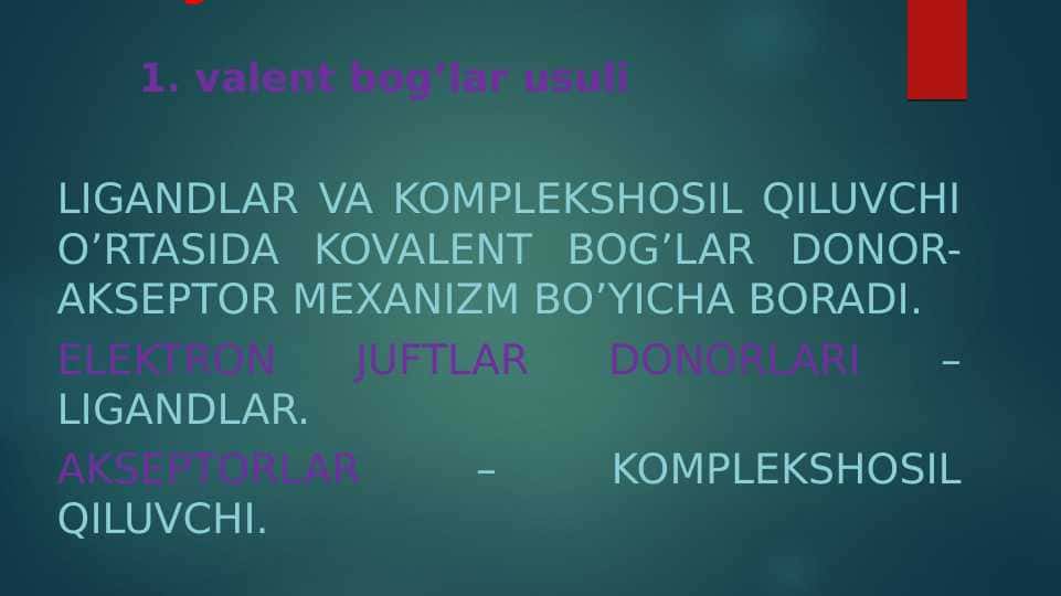 Kompleks birikmalarda kimyoviy bog’lanish pptx
